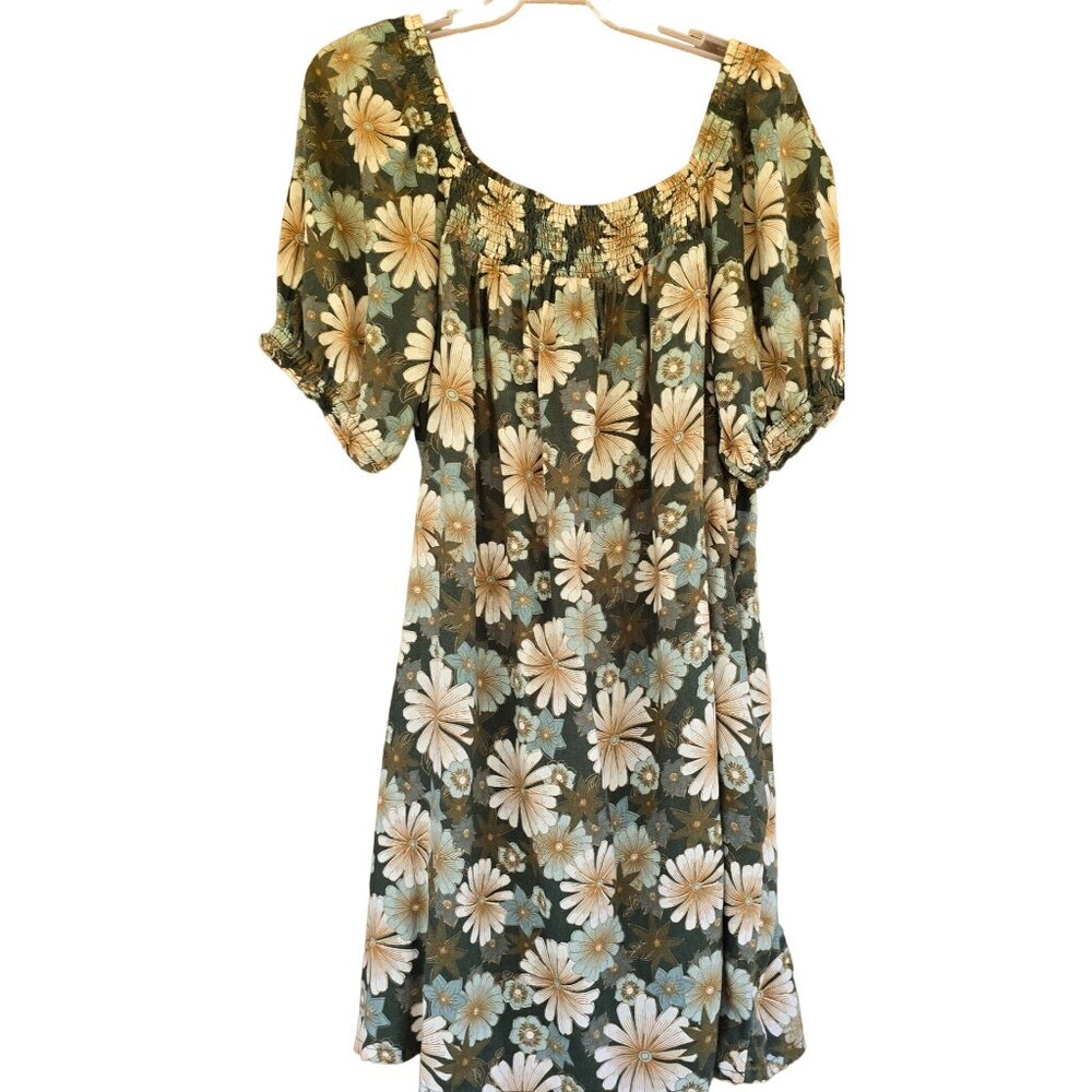 Wonderly Womens Floral Smocked Dress XL Linen & Lyocell Green Beige cottagecore